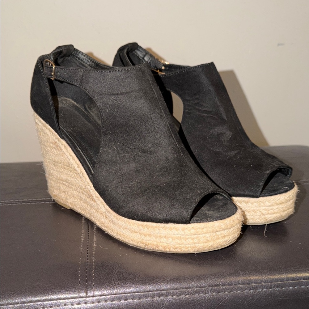 Black Suede Wedge Espadrille Peep-Toe Sandals